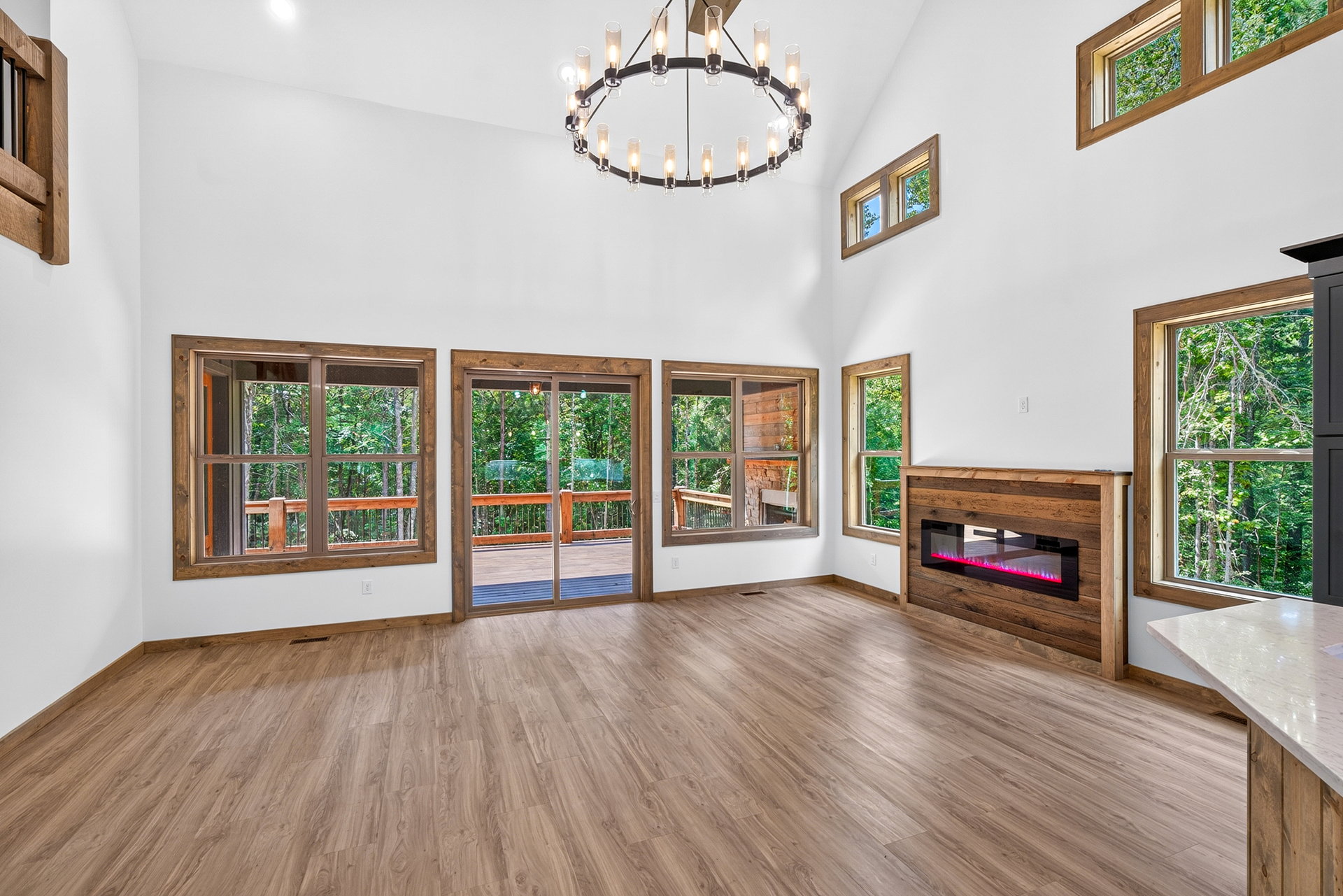 Living room with linear fireplace and glass door to the deck at 824 Banks Rd, Ellijay, GA