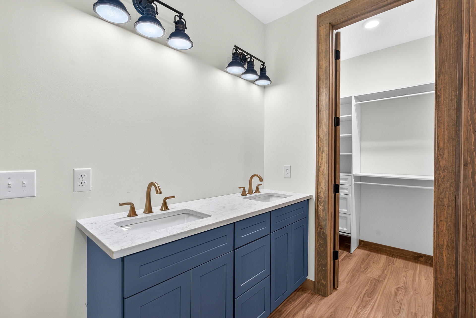 Bath with blue double vanity, gold faucets, and walk-in closet beyond at 824 Banks Rd, Ellijay, GA