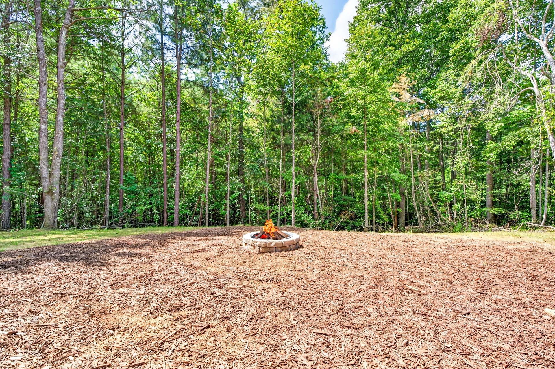 Stone fire pit in a wooded clearing at 824 Banks Rd, Ellijay, GA